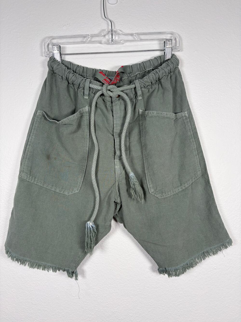 Dr. Collectors Minimalist Green Twill High Waisted Loose Fit Frayed Hem Shorts